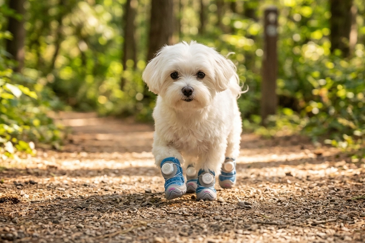 A small white Maltese dog walking forward on a dirt forest pathway wearing denim blue honeycomb mesh dog shoes.