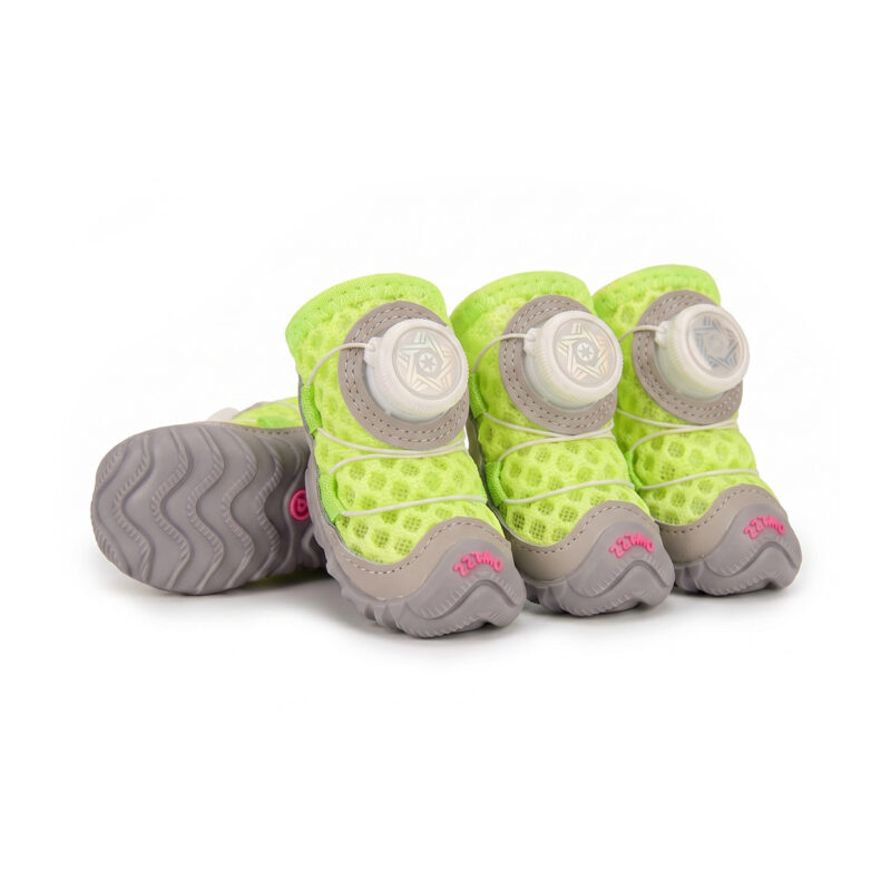 Neon Lime Honeycomb Mesh Dog Shoes Pack Neon lime honeycomb mesh dog shoes highlighting bright lime green open ventilation networks and white dial closure systems.