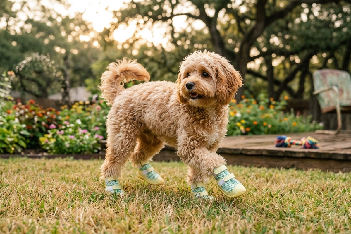 Light brown poodle trotting on green backyard lawn wearing sage green honeycomb mesh dog shoes securely.