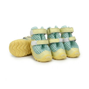 Sage Green Canine Footwear High Airflow Summer Model Sage green honeycomb mesh dog shoes showcasing the double Velcro anchoring bands and anti slip light yellow outsoles.