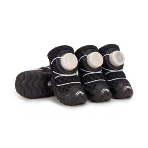 Stealth Black Honeycomb Mesh Dog Shoes Pack Stealth black honeycomb mesh dog shoes showing dark open cell lattices and white central dial fasteners.