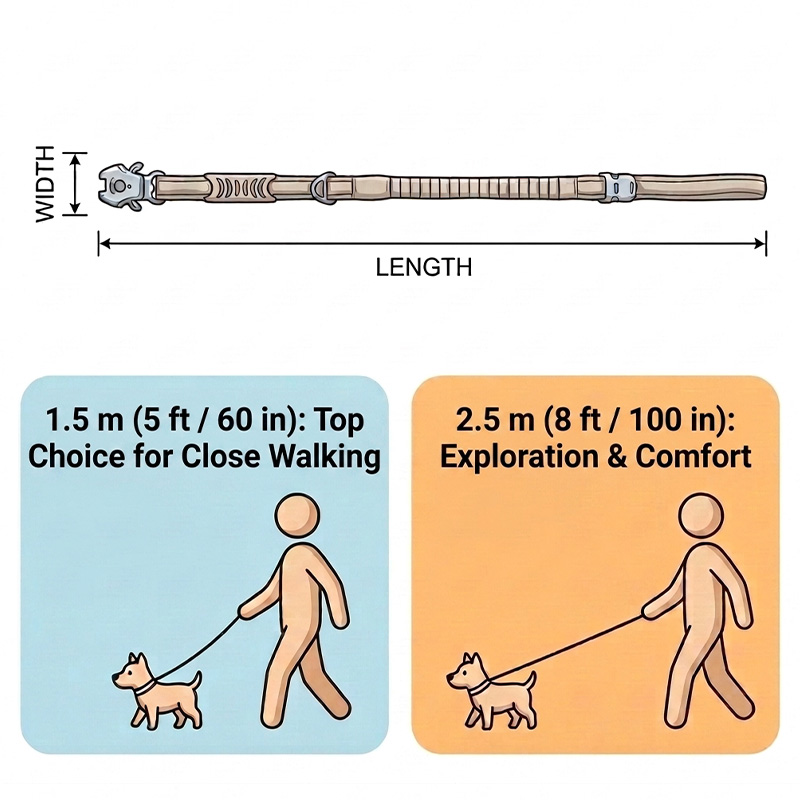 Size Guide leash diagram showing length and width measurements with close walking and exploration scenarios.