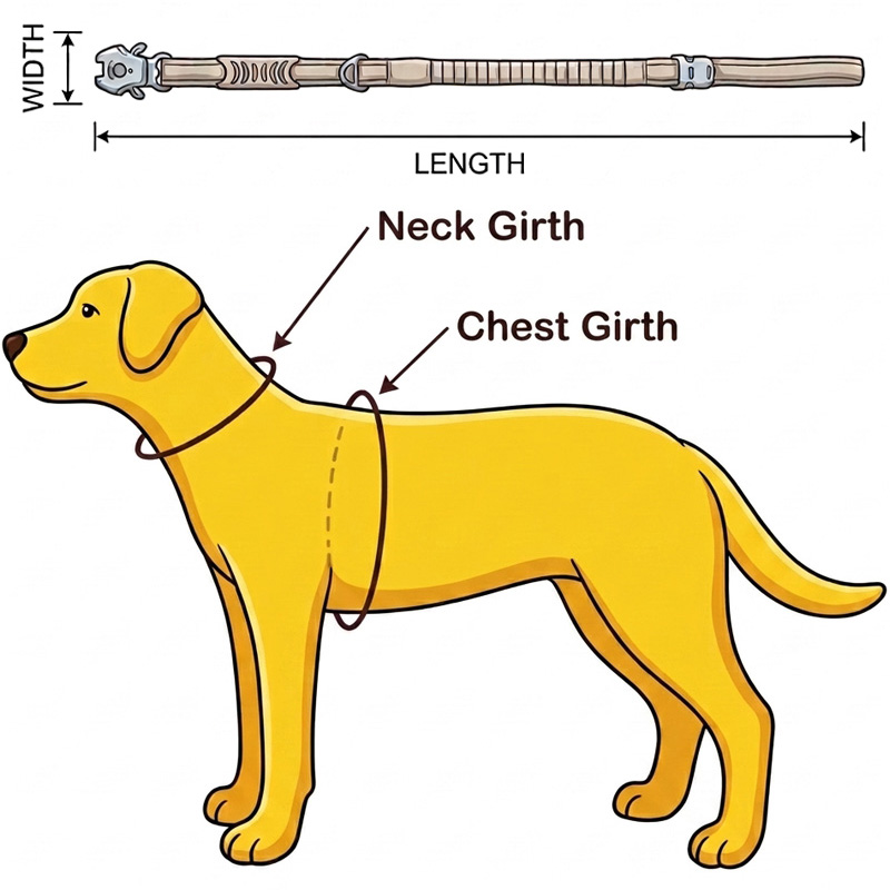 Size Guide bundle diagram showing dog neck girth chest girth and leash measurements for matching gear sets.