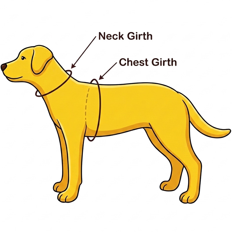 Size Guide harness diagram showing how to measure dog neck girth and chest girth on a yellow dog.
