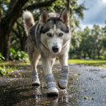 Siberian Husky walking confidently on wet pavement wearing silver gray adjustable large dog walking shoes.
