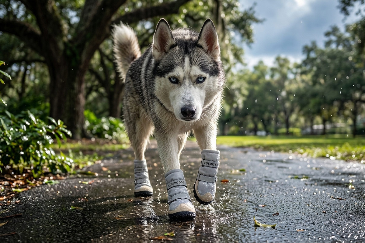 Siberian Husky walking confidently on wet pavement wearing silver gray adjustable large dog walking shoes.