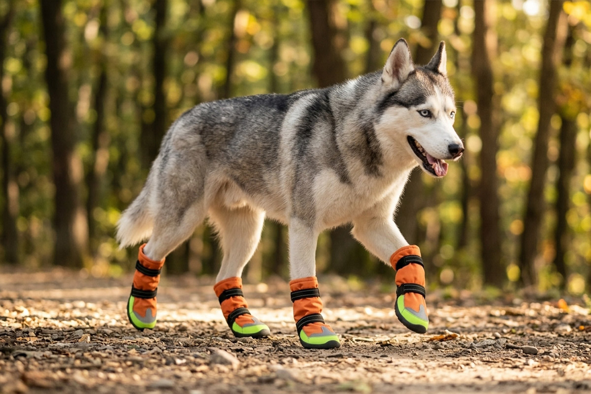 Siberian Husky walking confidently across a rugged gravel trail wearing tangerine orange winter outdoor dog boots.