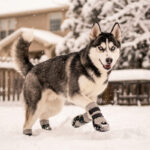 Siberian Husky leaping playfully on snowy backyard ground wearing silver gray heavy duty outdoor dog boots.