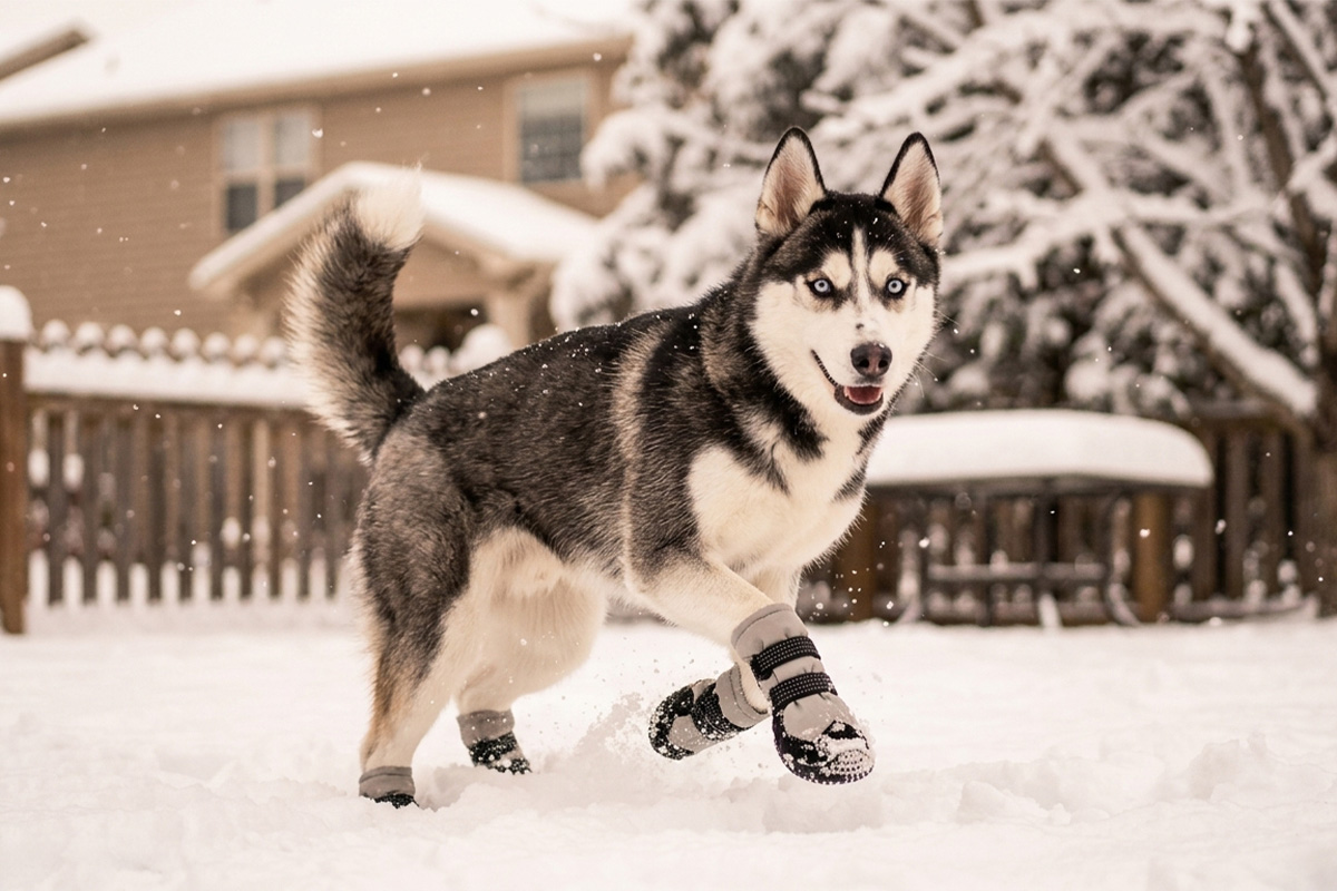 Siberian Husky leaping playfully on snowy backyard ground wearing silver gray heavy duty outdoor dog boots.