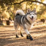 Siberian Husky walking on a sunny forest path wearing yellow outdoor paw protectors for dogs.