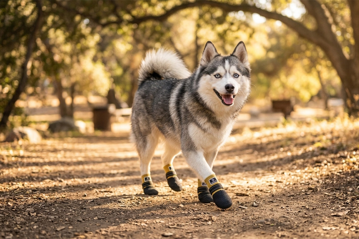Siberian Husky walking on a sunny forest path wearing yellow outdoor paw protectors for dogs.