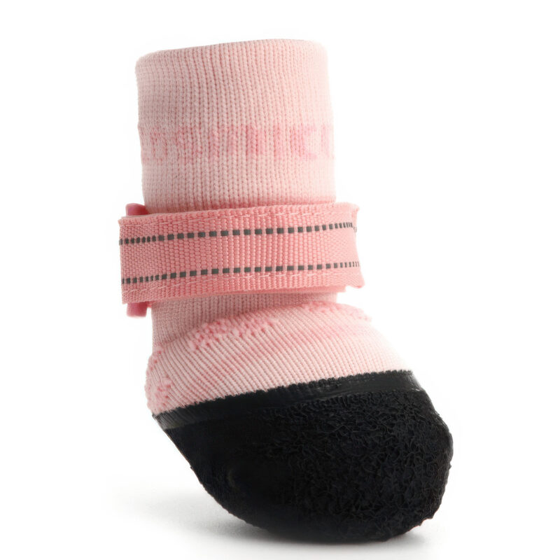 Side profile of sakura pink indoor hardwood floor dog socks showing ergonomic low-profile curved sole design.