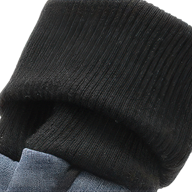 Detailed view of the highly elastic black nylon ribbed knit cuff sleeve on knit cuff winter boots.