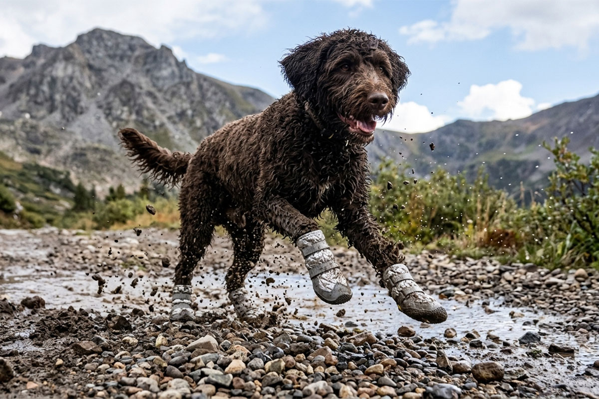Labradoodle bounding energetically across a wet rock path wearing silver gray snow waterproof dog boots.
