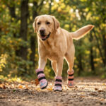 Yellow Labrador trotting along a sunlit dirt trail wearing blush pink winter outdoor dog boots.