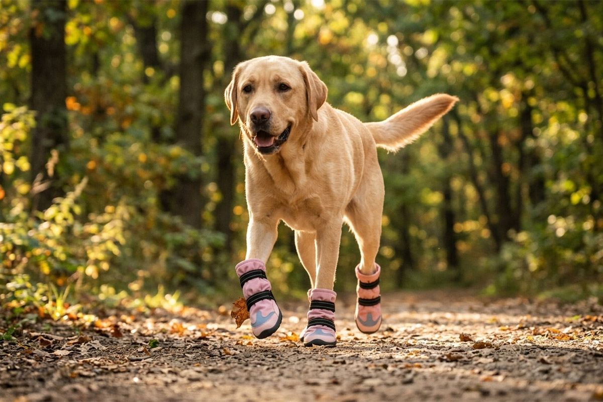 Yellow Labrador trotting along a sunlit dirt trail wearing blush pink winter outdoor dog boots.
