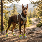 Doberman pinscher standing on a rocky mountain path wearing grey and neon green large breed dog shoes.