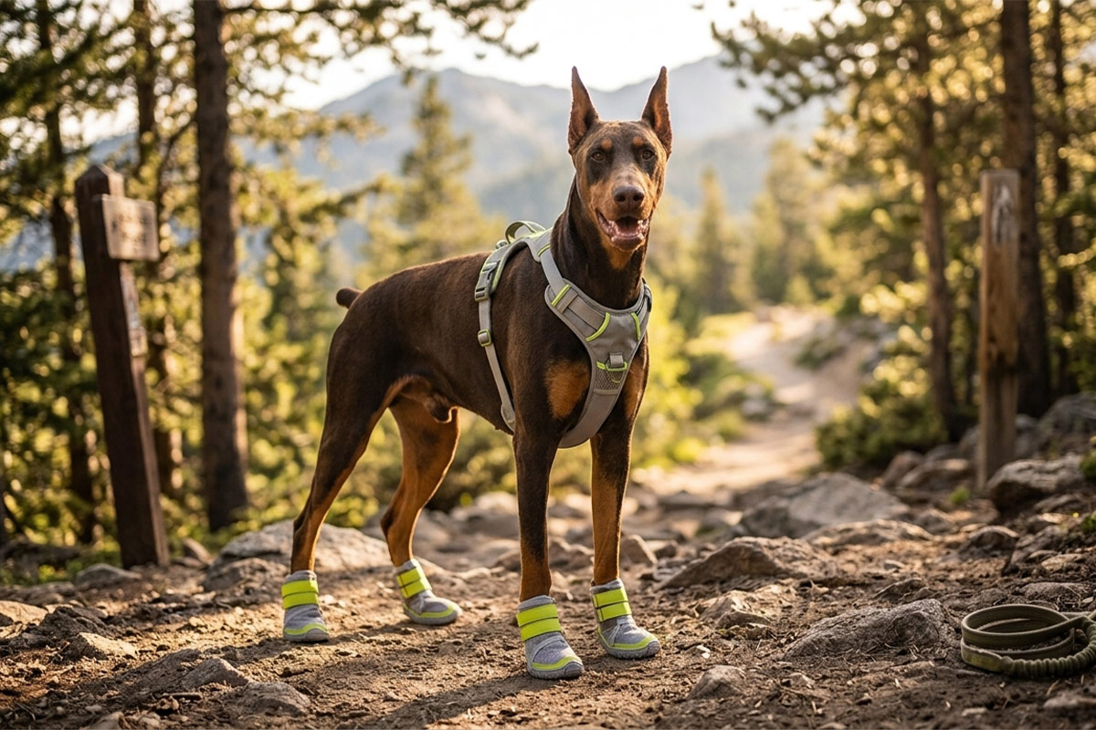 Doberman pinscher standing on a rocky mountain path wearing grey and neon green large breed dog shoes.
