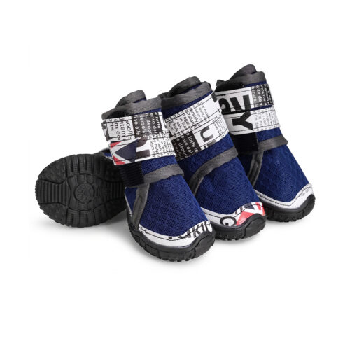 Royal blue and dark blue large breed dog shoes showing text print wrap straps and black non slip rubber soles.