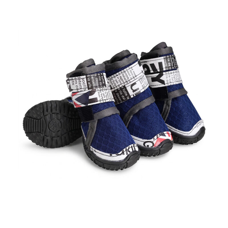 Paw Clad Large Breed Dog Shoes Royal Blue Contrast Mesh Edition Royal blue and dark blue large breed dog shoes showing text print wrap straps and black non slip rubber soles.