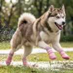 Siberian Husky leaping playfully over wet grass and puddles wearing blush pink large breed outdoor boots.