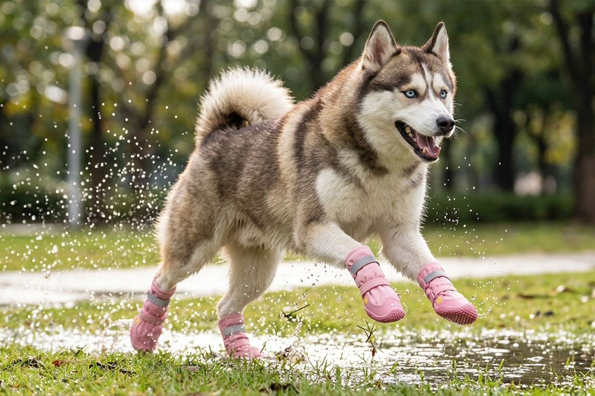 Siberian Husky leaping playfully over wet grass and puddles wearing blush pink large breed outdoor boots.