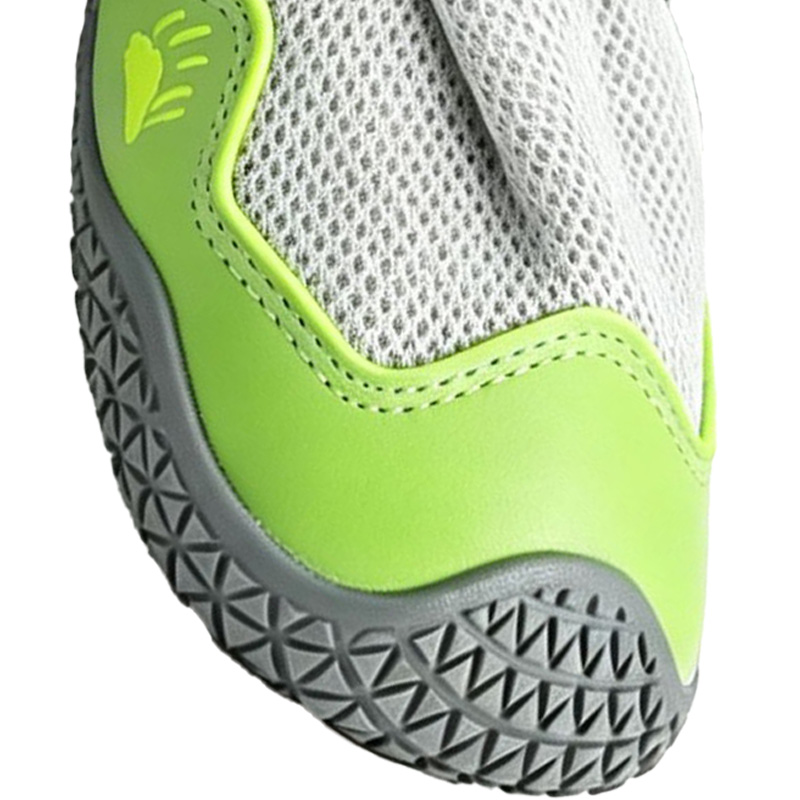 Neon lime leather toe dog shoes guard display featuring ventilated air-convective precision perforations.