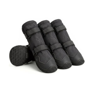 Leather toe dog shoes in stealth black featuring high-density dense mesh fabric and reflective safety stitching lines.