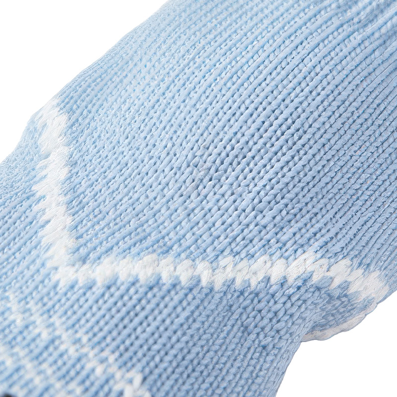 Macro stitch view illustrating the encrypted breathable yarn structure of lightweight knit dog socks.
