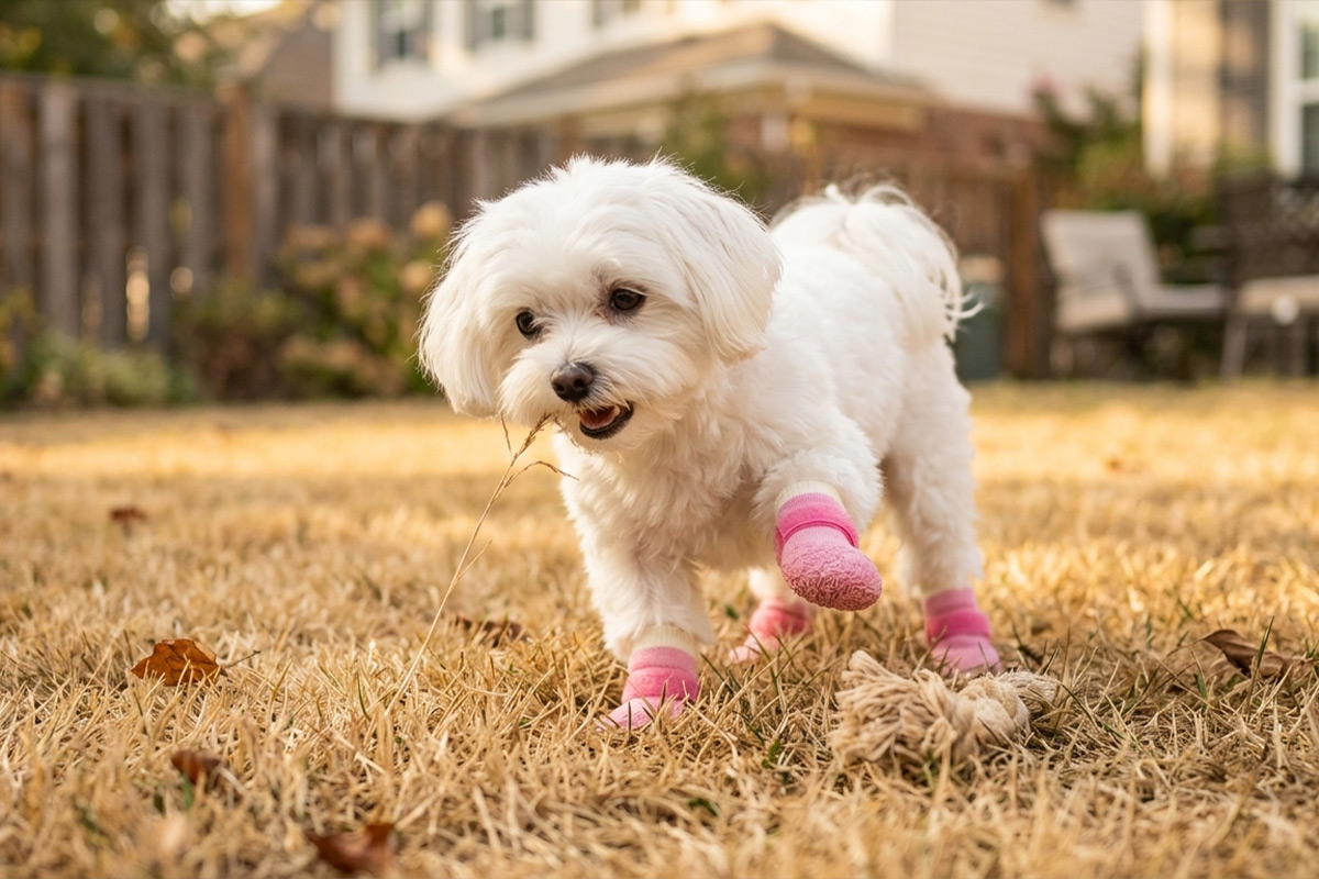 White Maltese dog exploring dry backyard lawn wearing pink lightweight paw protectors for summer safety.