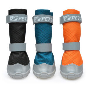 Three variations of lightweight ripstop dog boots in stealth black, ocean teal, and tangerine orange standing upright.