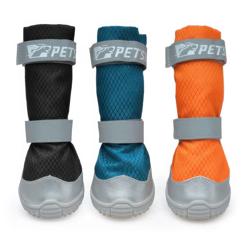 Three variations of lightweight ripstop dog boots in stealth black, ocean teal, and tangerine orange standing upright.