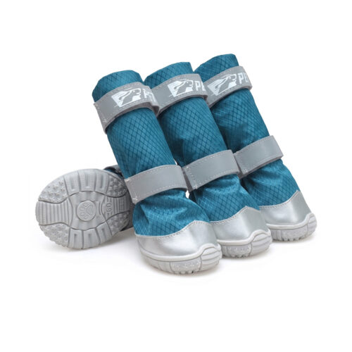 Premium lightweight ripstop dog boots in ocean teal showing three tall-shaft booties with gray non-slip outsoles.