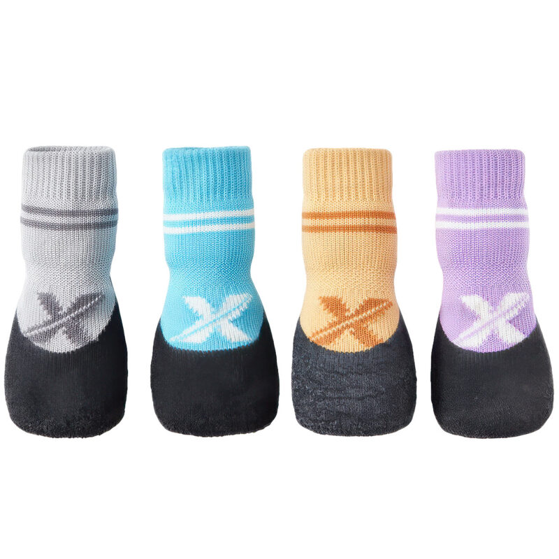 Four distinct color options of lightweight running dog socks arranged side-by-side in gray, blue, tan, and purple.
