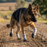 A German Shepherd sprinting fast on a gravel path wearing silver gray lightweight running dog socks.