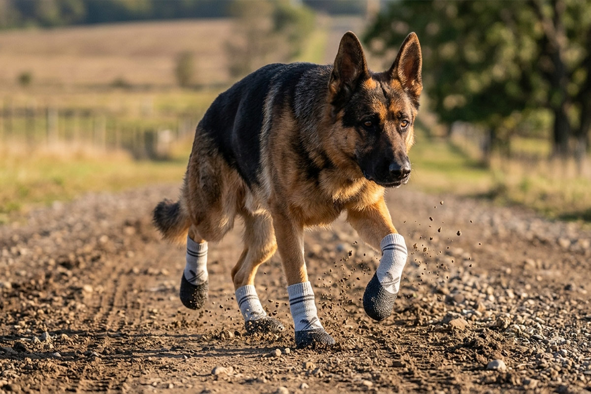 A German Shepherd sprinting fast on a gravel path wearing silver gray lightweight running dog socks.