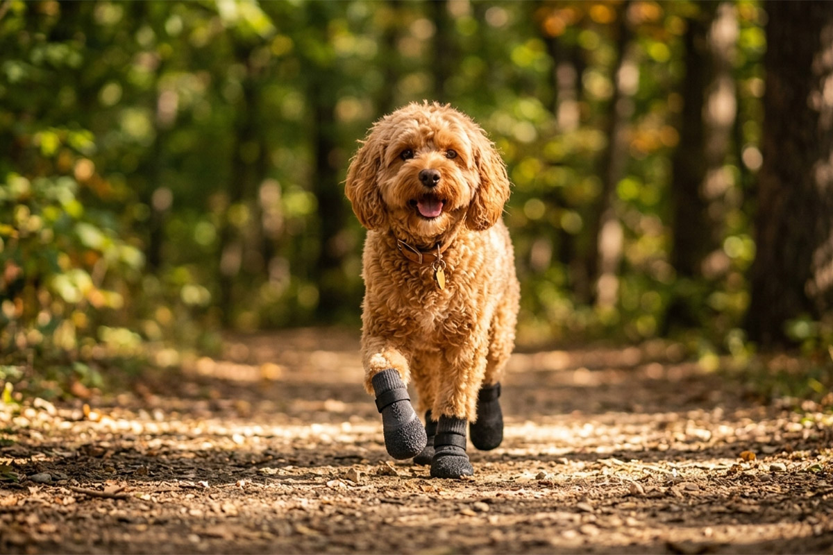 An active poodle running on a forested dirt trail wearing lightweight running dog socks in silver gray.