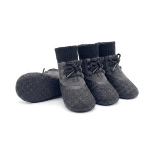 Stealth black lightweight running dog socks featuring a secure lace-up closure and flexible textured rubber bases.