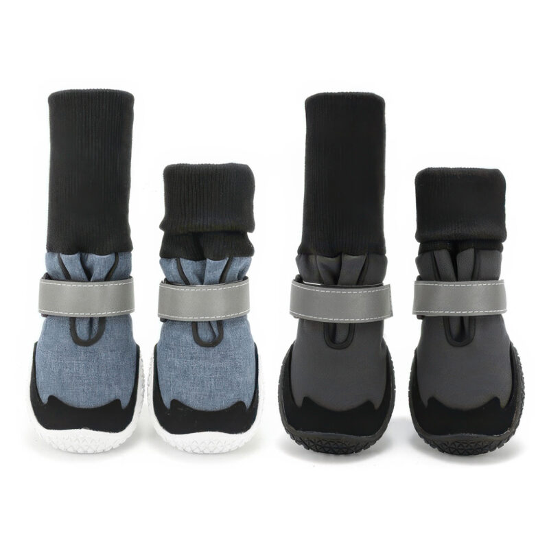 Front view of denim blue and silver gray long sleeve large dog boots displaying the high elastic knit cuffs.
