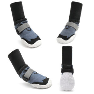 Multi-angle views of long sleeve large dog boots demonstrating structural high-top design and adjustable straps.