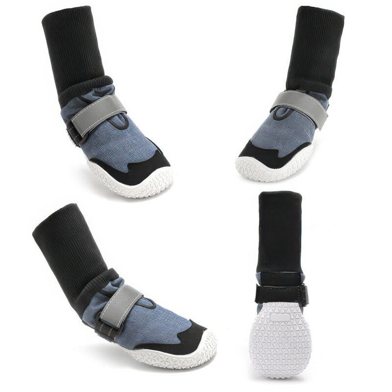 Multi-angle views of long sleeve large dog boots demonstrating structural high-top design and adjustable straps.