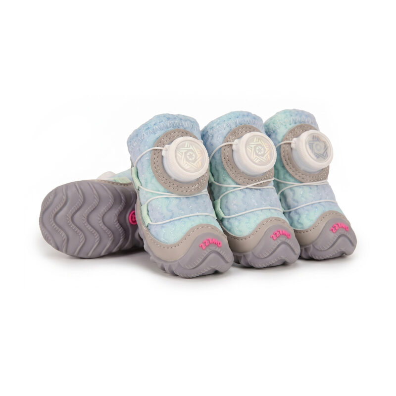 Macaron blue dazzling dial-fit dog shoes featuring soft blue-tinted canvas panels and white rotating wire dials.