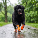Massive black Newfoundland dog running down a wet asphalt path wearing tangerine orange all-weather protective boots.