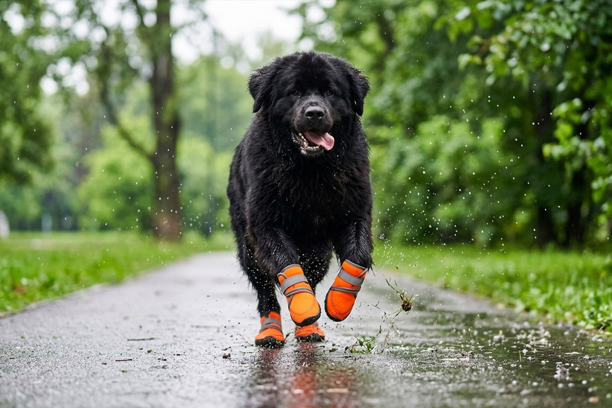 Massive black Newfoundland dog running down a wet asphalt path wearing tangerine orange all-weather protective boots.