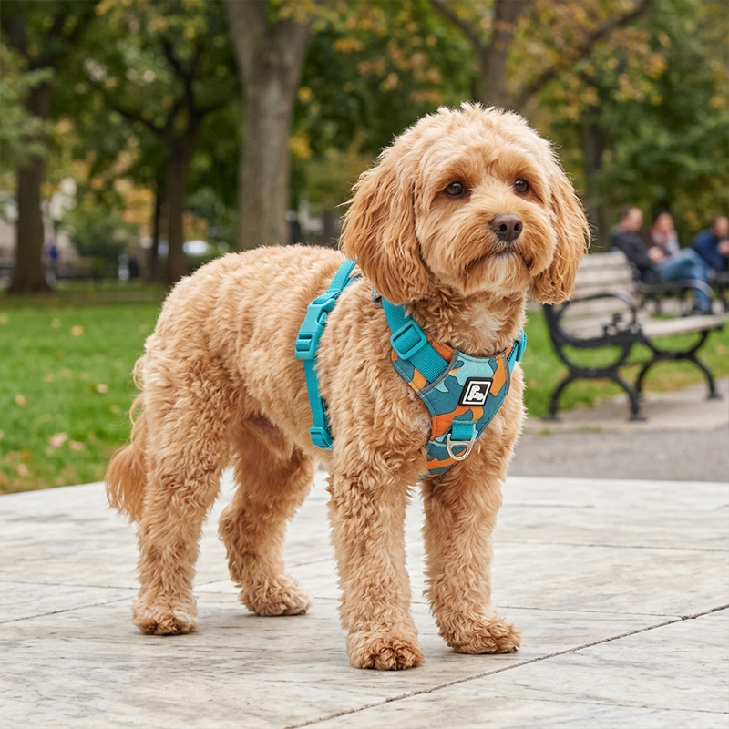 A fluffy puppy wearing a teal and orange camouflage no-pull padded walking harness outdoors in a park