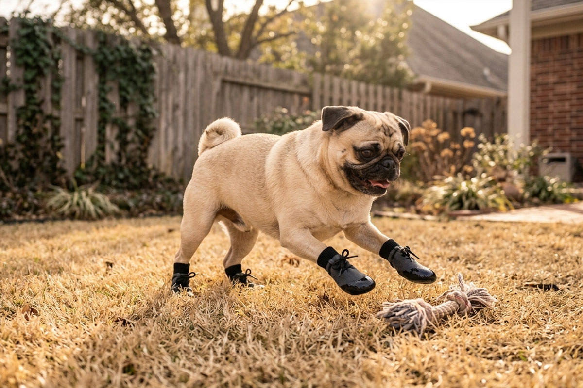 A pug playing on dry lawn wearing silver gray no-slip socks for hardwood floors during backyard exercise.