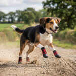 Beagle running fast on a dusty gravel path wearing red and black houndstooth pattern no-slip socks for large dogs.