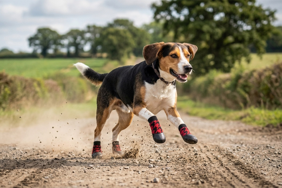 Beagle running fast on a dusty gravel path wearing red and black houndstooth pattern no-slip socks for large dogs.