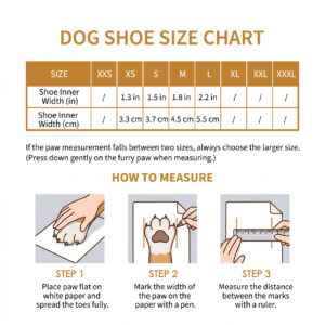 Paw measurement guide, how to measure, and sizing chart for nonslip stay-on paw protection dog socks.