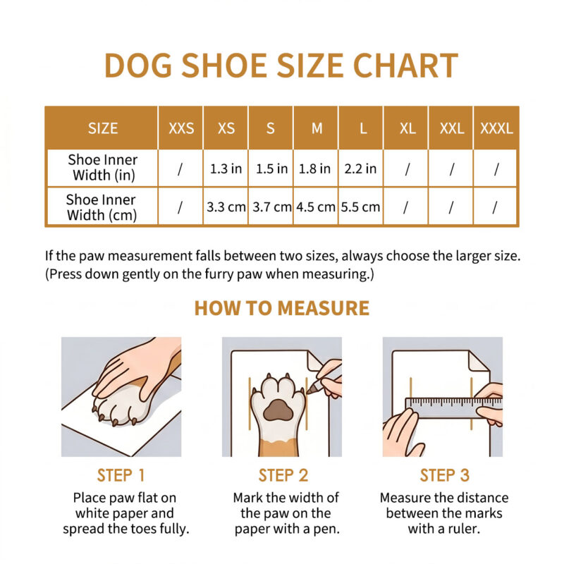 Paw measurement guide, how to measure, and sizing chart for nonslip stay-on winter warm dog socks.